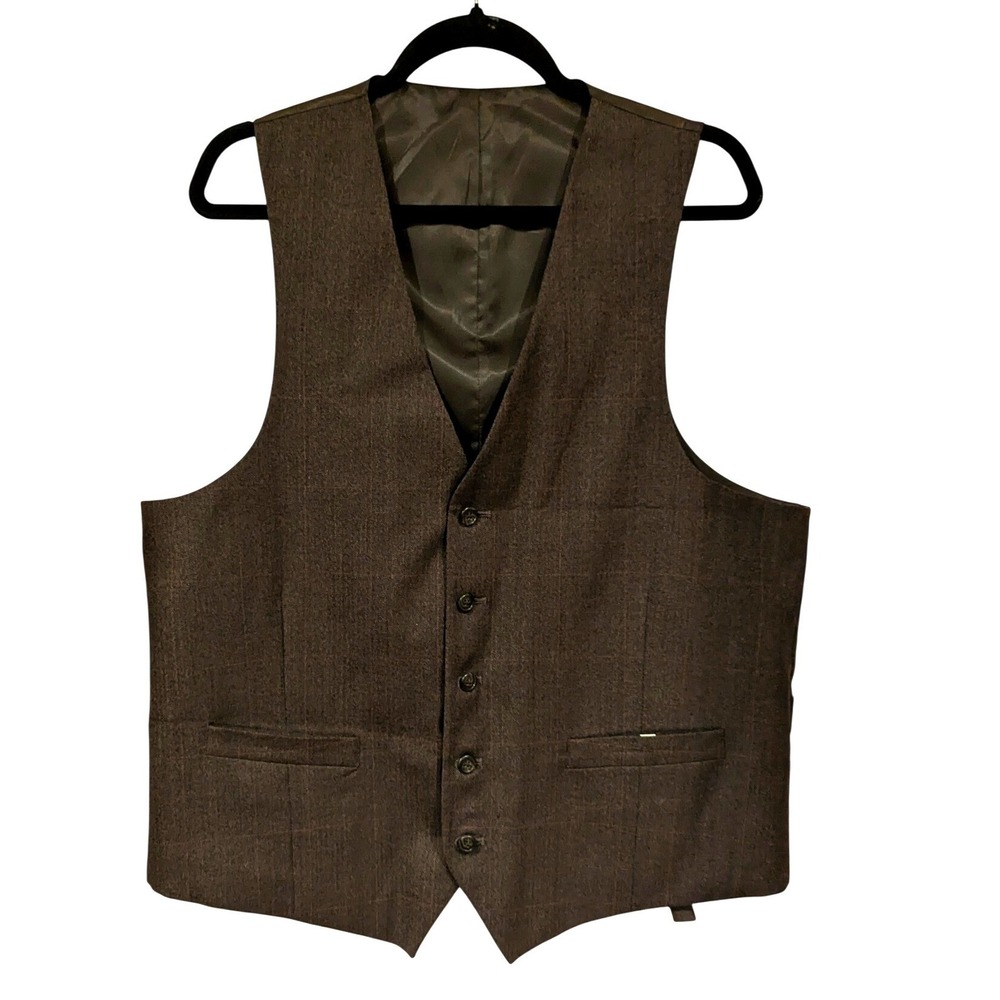 Original Hanvey Wool Vest 42 Brown Herringbone Windowpane Suit Waistcoat Dapper